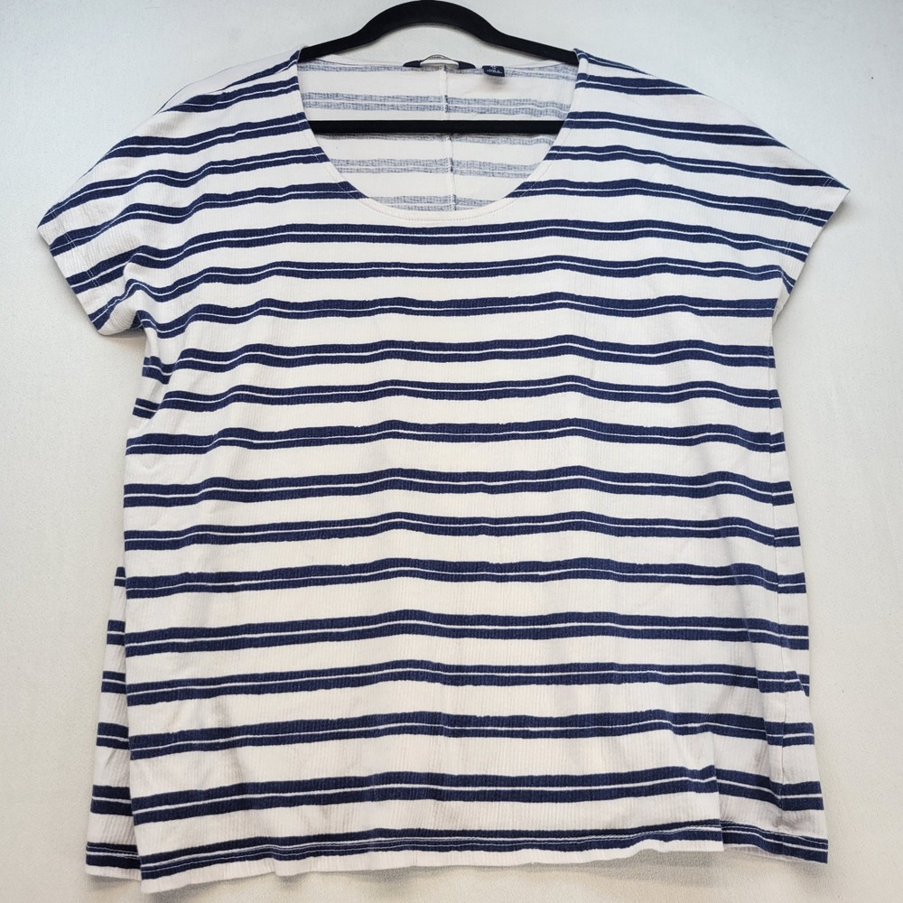 Lands' End T-Shirt Women XL White Blue Striped Oversized Scoop Neck Cotton Blend